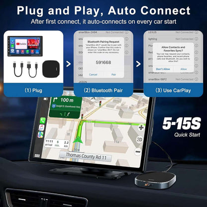 Adaptador inalámbrico Almalux® Mini CarPlay Box 2025 – CarPlay y Android Auto sin cables | Streaming con Netflix y YouTube | Plug & Play