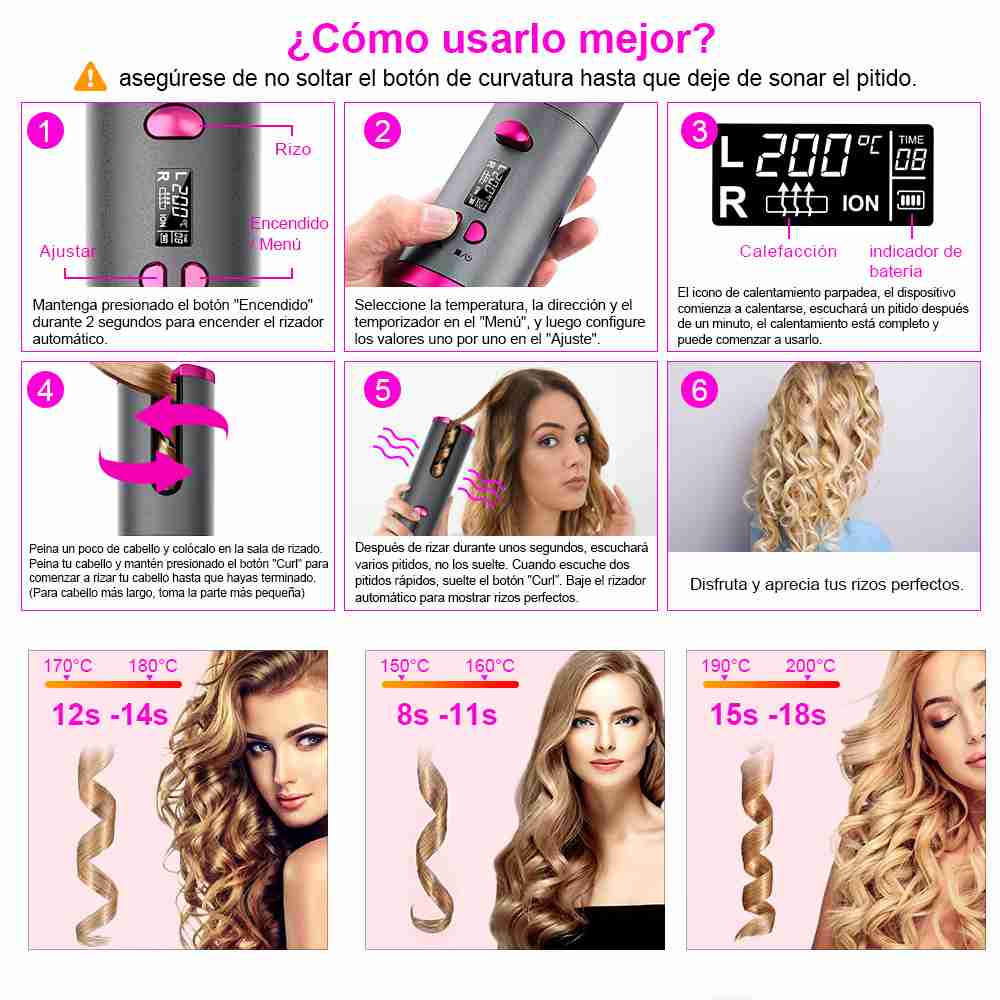 Cepillo de Pelo Rizador Automatico Recargable por USB Almalux® Rosa QM600