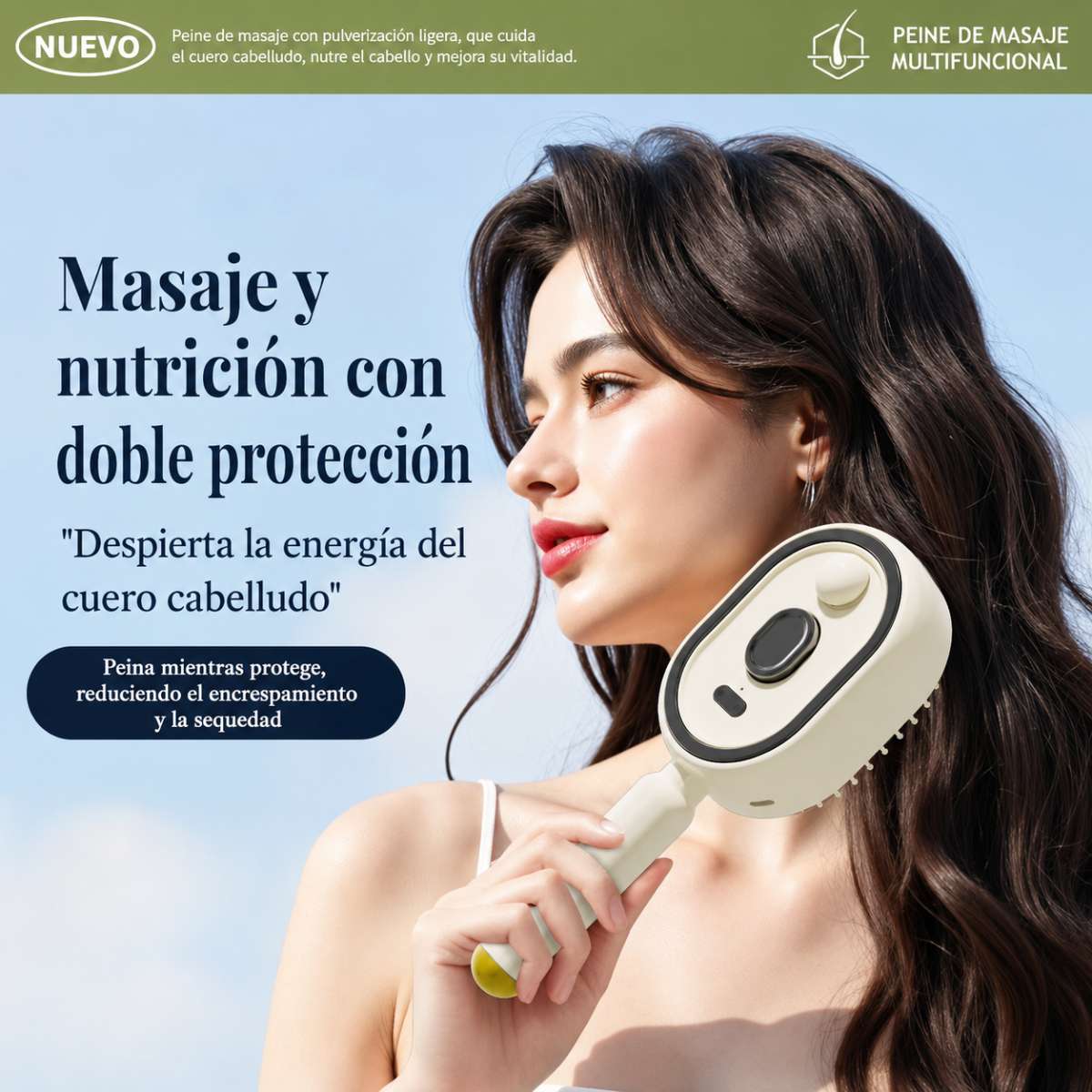 Cepillo de Masaje Almalux® Multifuncional con Pulverización, Cepillo Capilar Recargable USB-C con Depósito de 10 ml, Antienredos, Antiestático y Masajeador de Cuero Cabelludo