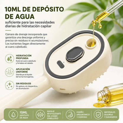 Cepillo de Masaje Almalux® Multifuncional con Pulverización, Cepillo Capilar Recargable USB-C con Depósito de 10 ml, Antienredos, Antiestático y Masajeador de Cuero Cabelludo