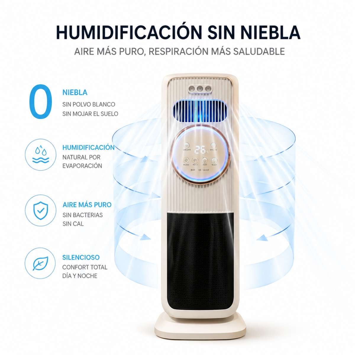 Calefactor Cerámico Almalux® PTC de Torre 2000W con Mando a Distancia, Humidificador, Ventilador Frío/Calor, Oscilación 180°, Temporizador y Efecto Llama 3D