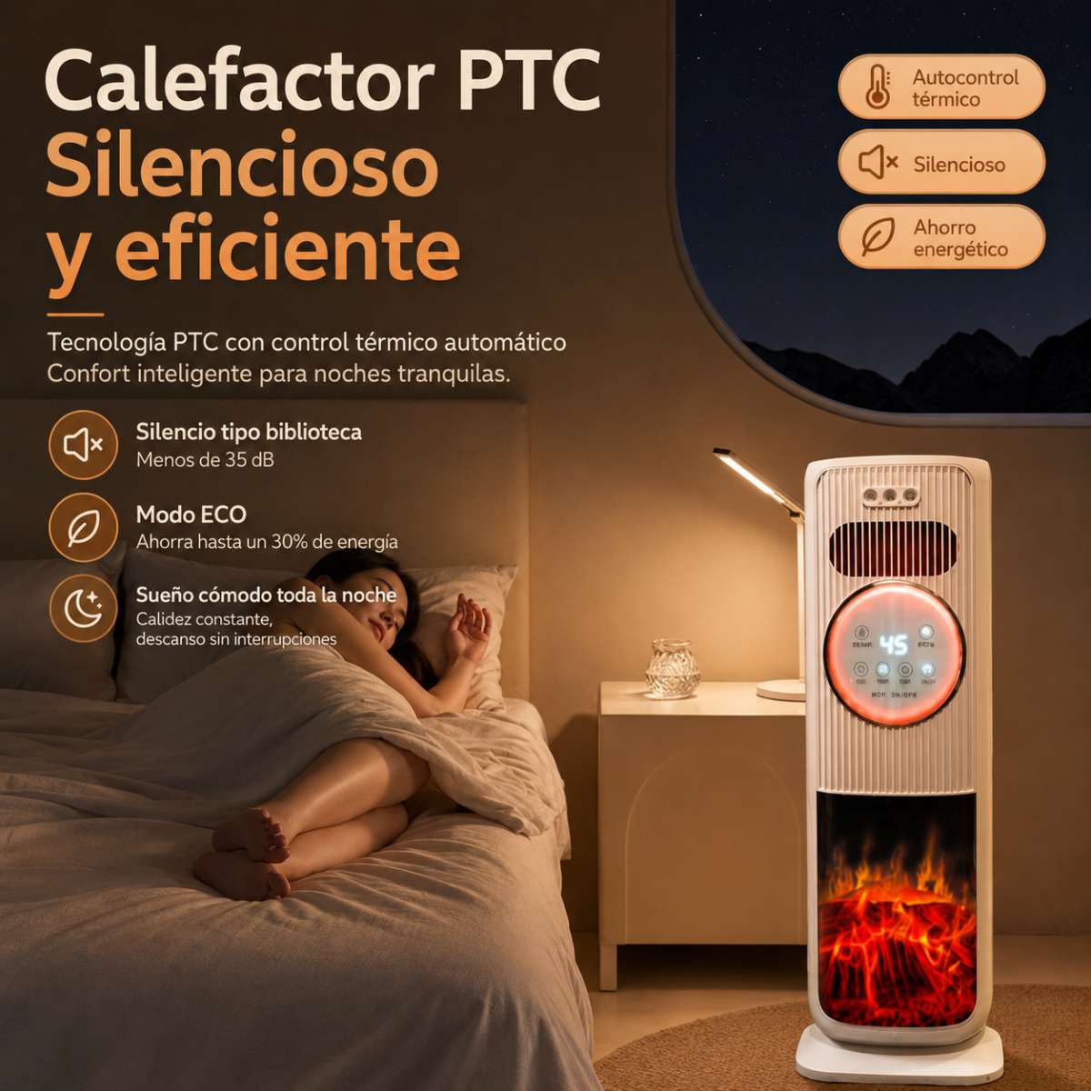 Calefactor Cerámico Almalux® PTC de Torre 2000W con Mando a Distancia, Humidificador, Ventilador Frío/Calor, Oscilación 180°, Temporizador y Efecto Llama 3D