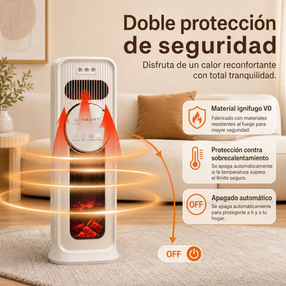 Calefactor Cerámico Almalux® PTC de Torre 2000W con Mando a Distancia, Humidificador, Ventilador Frío/Calor, Oscilación 180°, Temporizador y Efecto Llama 3D