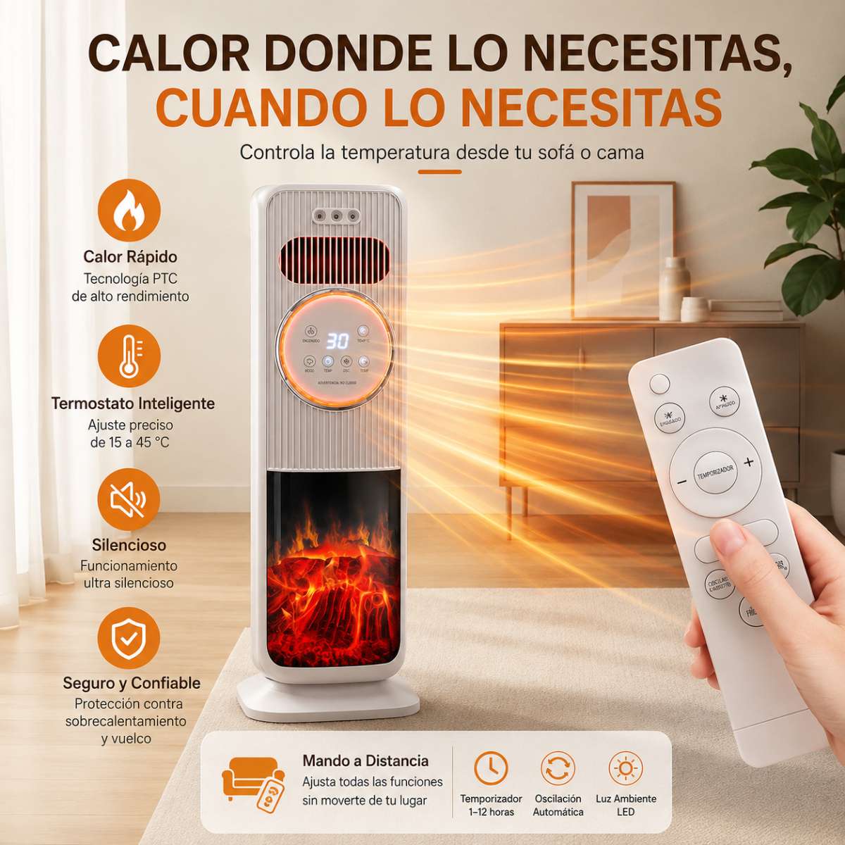 Calefactor Cerámico Almalux® PTC de Torre 2000W con Mando a Distancia, Humidificador, Ventilador Frío/Calor, Oscilación 180°, Temporizador y Efecto Llama 3D
