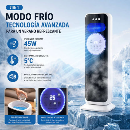 Calefactor Cerámico Almalux® PTC de Torre 2000W con Mando a Distancia, Humidificador, Ventilador Frío/Calor, Oscilación 180°, Temporizador y Efecto Llama 3D