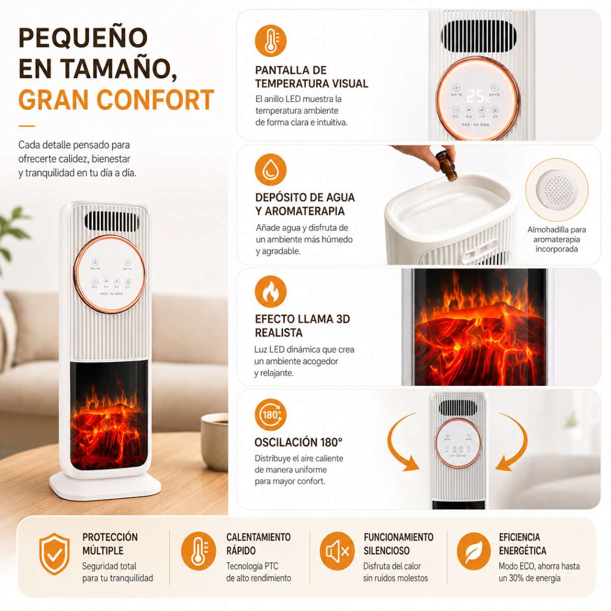 Calefactor Cerámico Almalux® PTC de Torre 2000W con Mando a Distancia, Humidificador, Ventilador Frío/Calor, Oscilación 180°, Temporizador y Efecto Llama 3D
