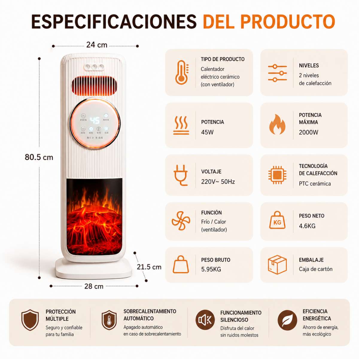 Calefactor Cerámico Almalux® PTC de Torre 2000W con Mando a Distancia, Humidificador, Ventilador Frío/Calor, Oscilación 180°, Temporizador y Efecto Llama 3D