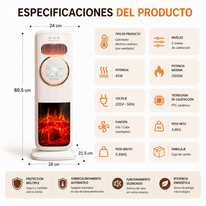 Calefactor Cerámico Almalux® PTC de Torre 2000W con Mando a Distancia, Humidificador, Ventilador Frío/Calor, Oscilación 180°, Temporizador y Efecto Llama 3D