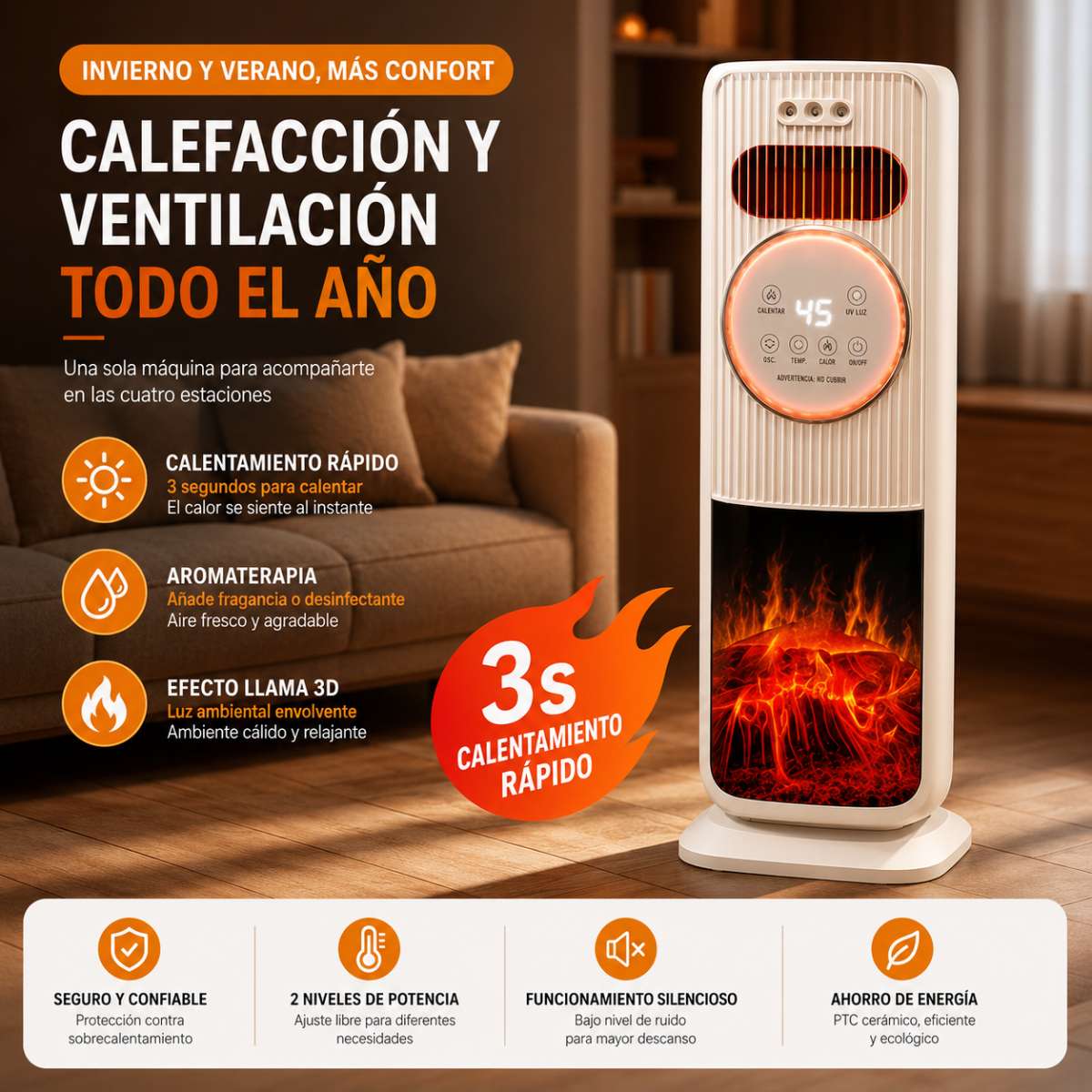 Calefactor Cerámico Almalux® PTC de Torre 2000W con Mando a Distancia, Humidificador, Ventilador Frío/Calor, Oscilación 180°, Temporizador y Efecto Llama 3D