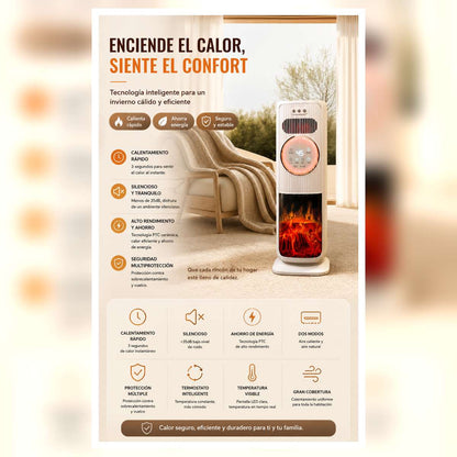 Calefactor Cerámico Almalux® PTC de Torre 2000W con Mando a Distancia, Humidificador, Ventilador Frío/Calor, Oscilación 180°, Temporizador y Efecto Llama 3D