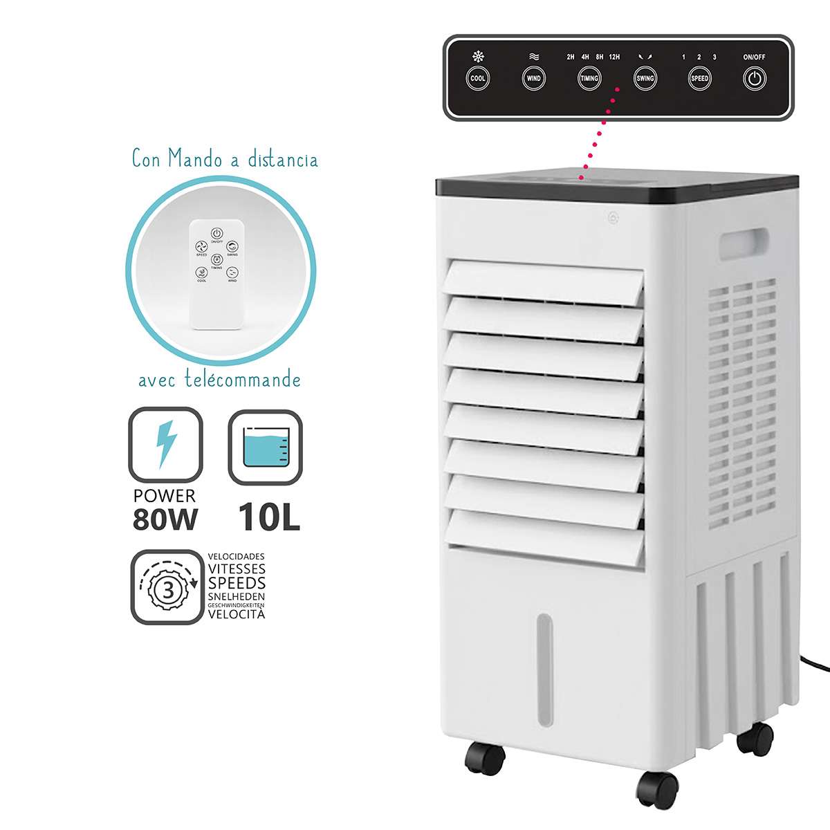 Aire Climatizado Portátil Almalux® con Mando 80W, Depósito 10L y 3 Velocidades