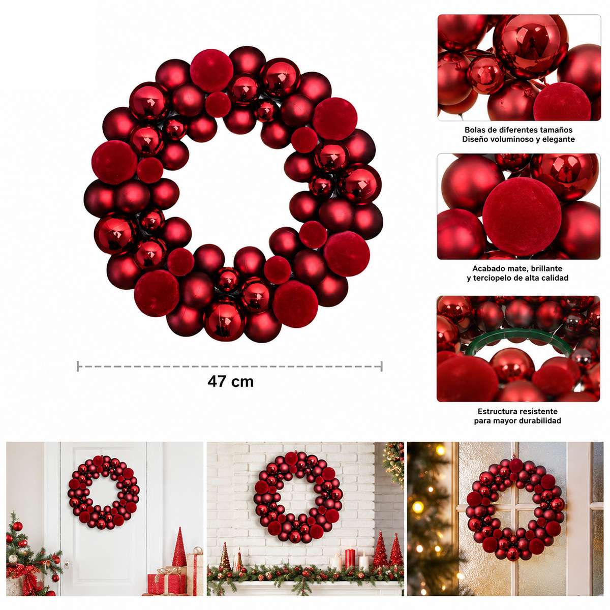 Corona de Navidad Decorativa con Bolas – Guirnalda Navideña para Puerta, Pared y Ventana de 47 cm