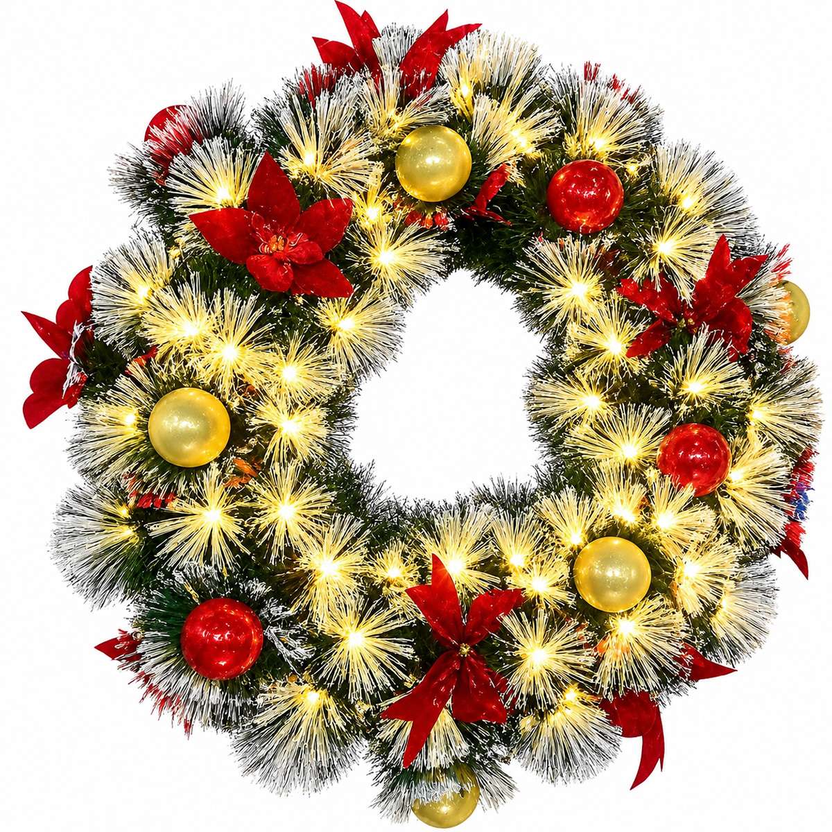 Corona de Navidad con Luces LED Cálidas, Bolas y Flores Decorativas – Corona Navideña para Interior de 60 cm