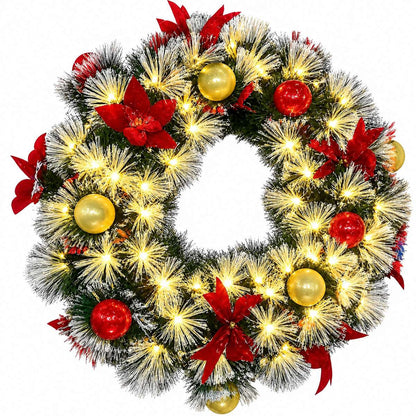 Corona de Navidad con Luces LED Cálidas, Bolas y Flores Decorativas – Corona Navideña para Interior de 60 cm