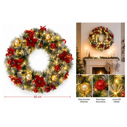 Corona de Navidad con Luces LED Cálidas, Bolas y Flores Decorativas – Corona Navideña para Interior de 60 cm