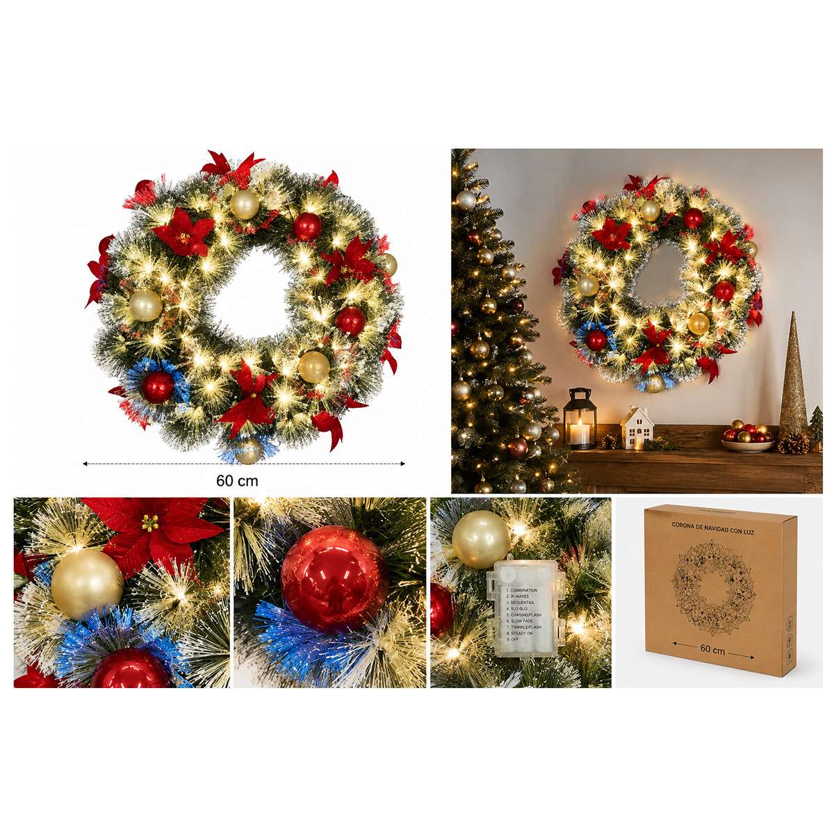 Corona de Navidad con Luces LED Cálidas, Bolas y Flores Decorativas – Corona Navideña para Interior de 60 cm