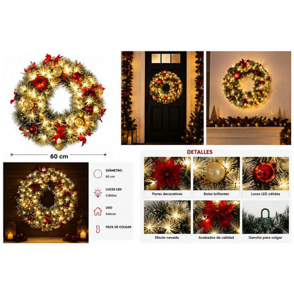 Corona de Navidad con Luces LED Cálidas, Bolas y Flores Decorativas – Corona Navideña para Interior de 60 cm