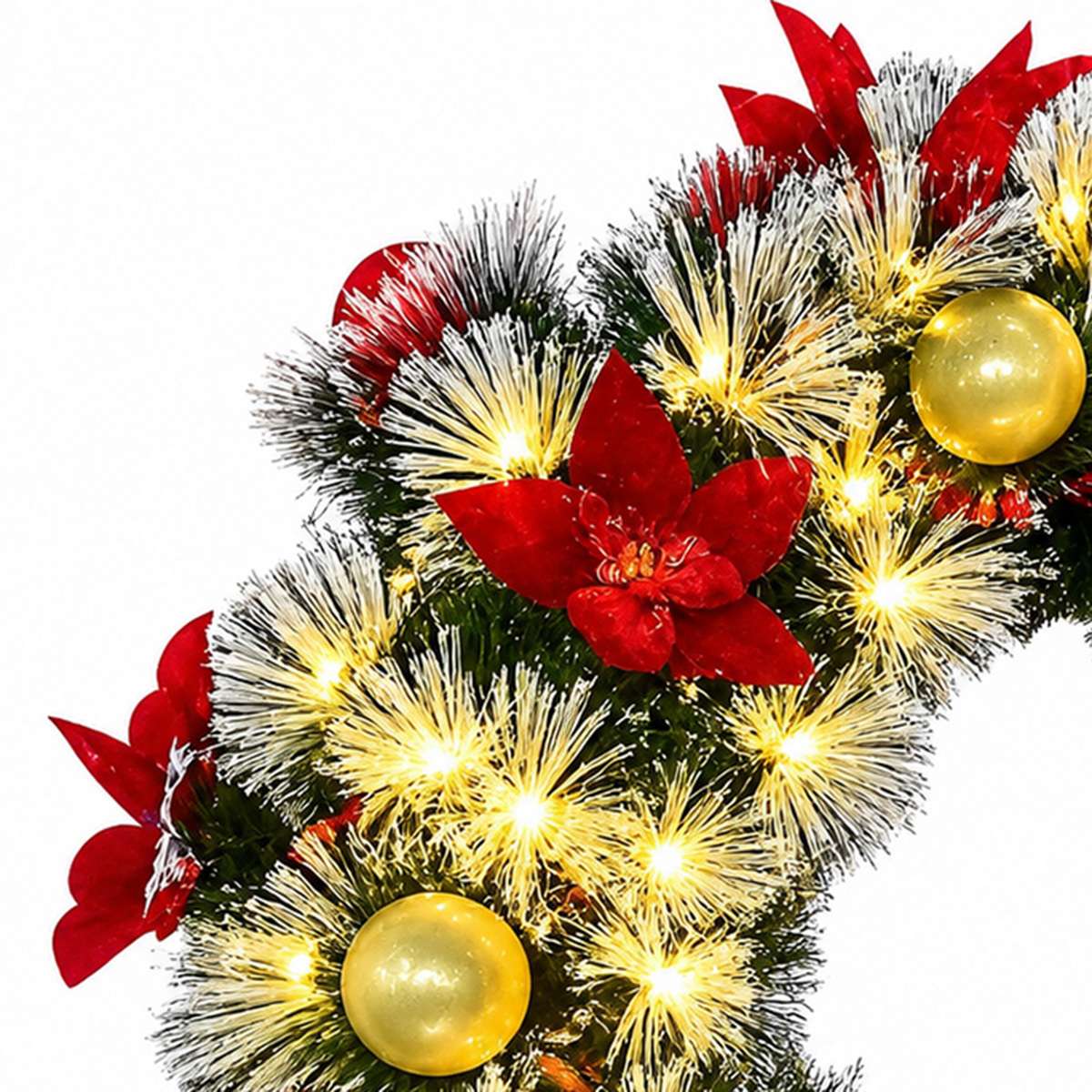 Corona de Navidad con Luces LED Cálidas, Bolas y Flores Decorativas – Corona Navideña para Interior de 60 cm
