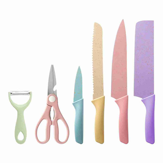Juego de Cuchillos de Cocina Almalux® de 6 piezas -  Colores pastel -  Acero inoxidable y Recubrimiento Antiadherente