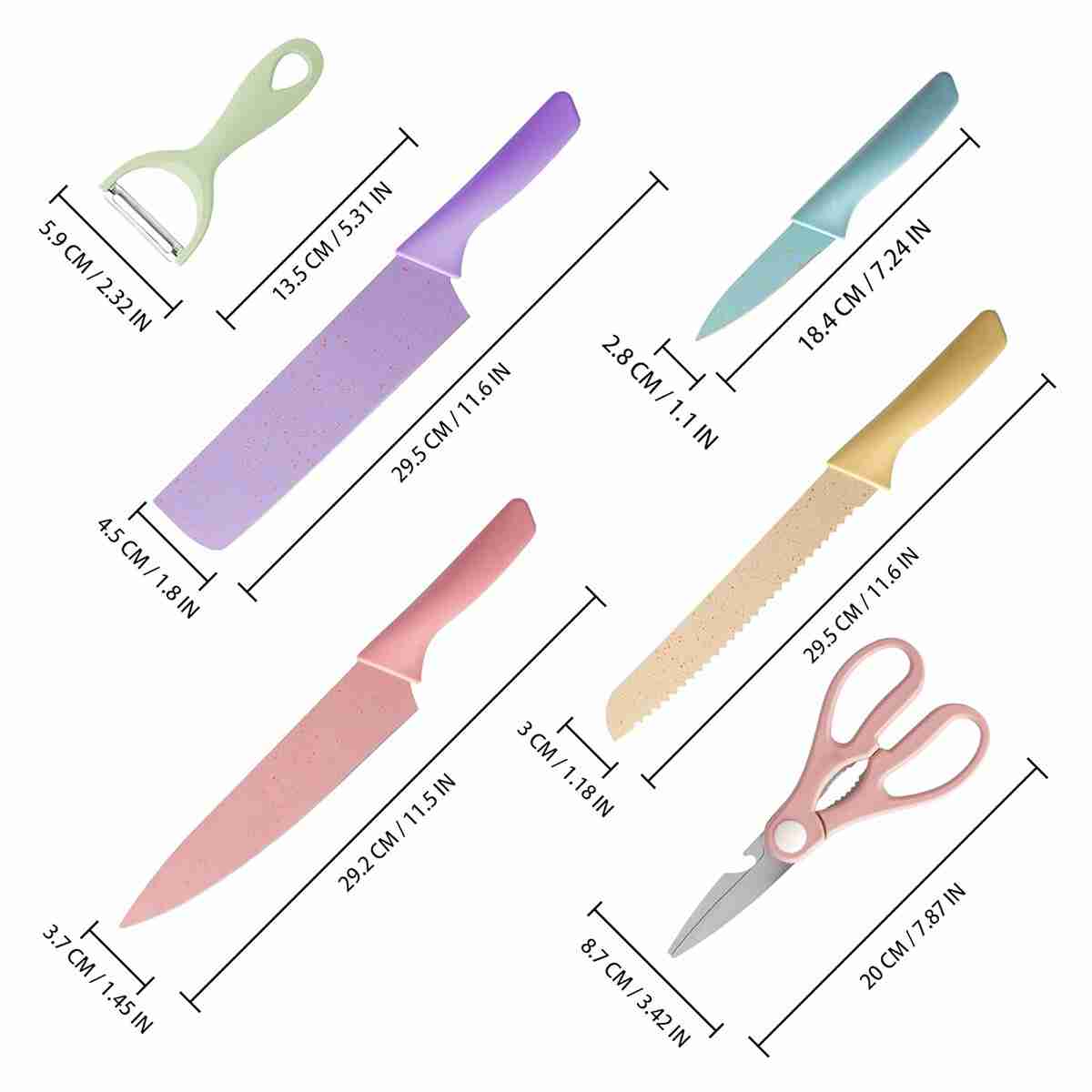 Juego de Cuchillos de Cocina Almalux® de 6 piezas -  Colores pastel -  Acero inoxidable y Recubrimiento Antiadherente