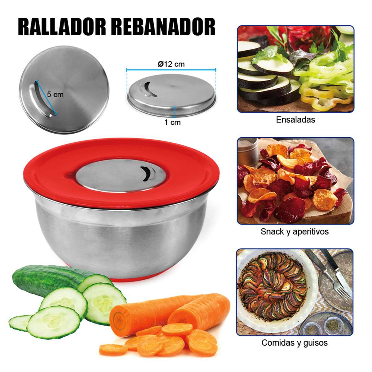 Cuenco de Acero Inoxidable Almalux® con Base Antideslizante y 3 ralladores integrados