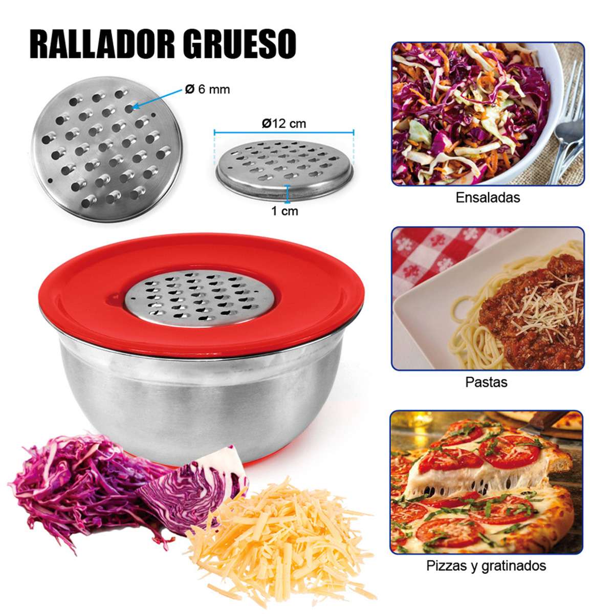 Cuenco de Acero Inoxidable Almalux® con Base Antideslizante y 3 ralladores integrados