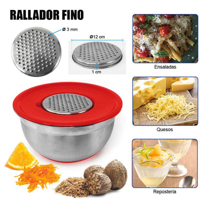 Cuenco de Acero Inoxidable Almalux® con Base Antideslizante y 3 ralladores integrados