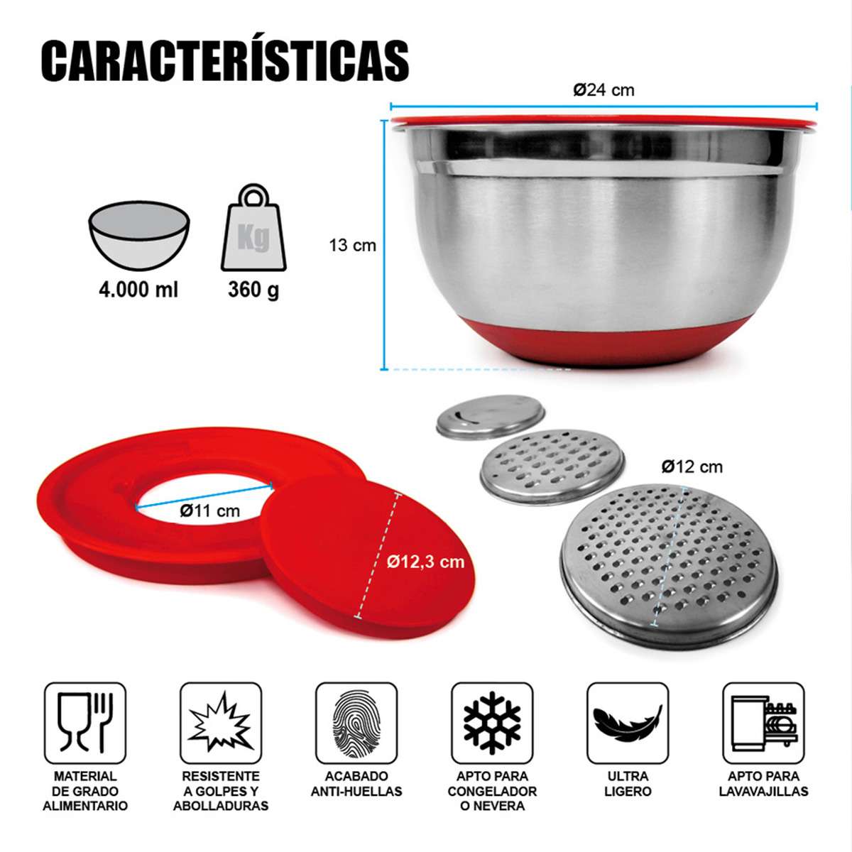 Cuenco de Acero Inoxidable Almalux® con Base Antideslizante y 3 ralladores integrados