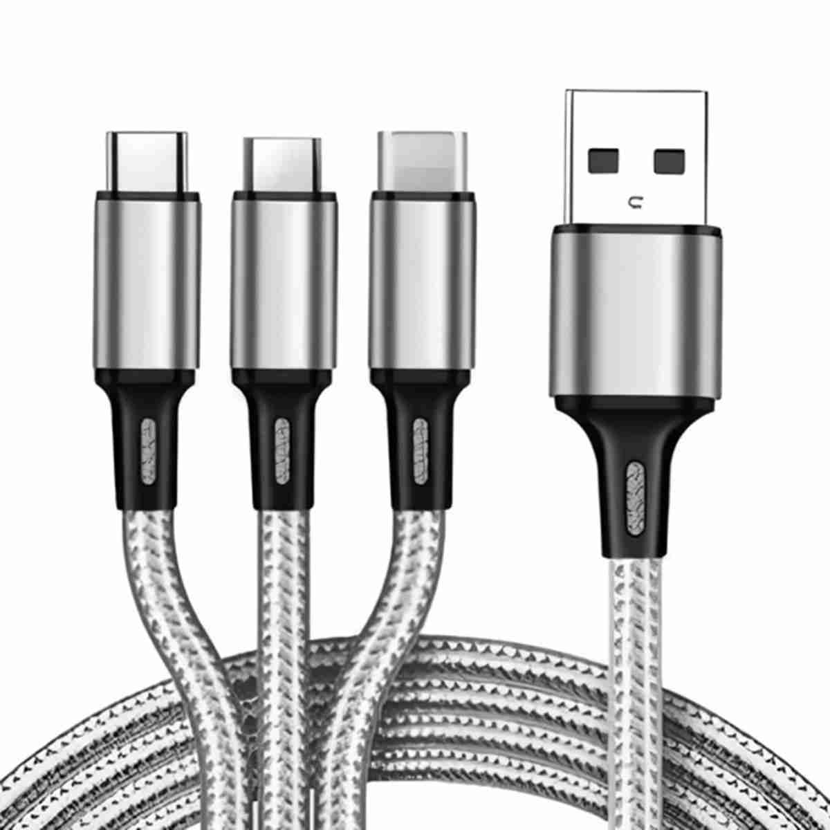 Cable 3 en 1 Universal Almalux® de 1 metro con clavijas MicroUSB -  Lightning y Tipo-C. Alta calidad -  ideal para carga y transferencia de datos