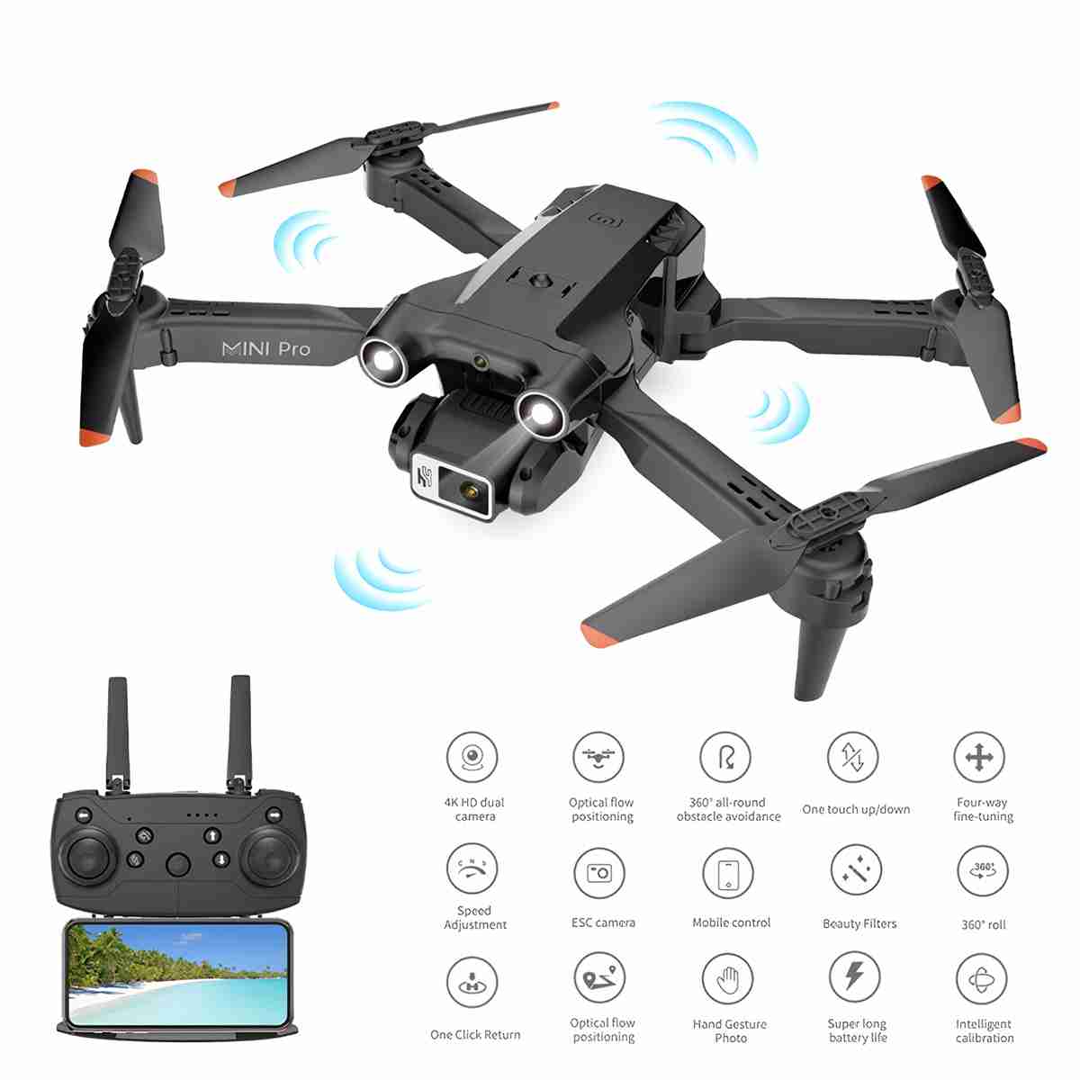 DRON CUADRICOPTERO Almalux® E63 Mini Pro CON CAMARA DUAL 4K FOTO Y VIDEO -  2.4g WiFi -  Evita los Obstáculos