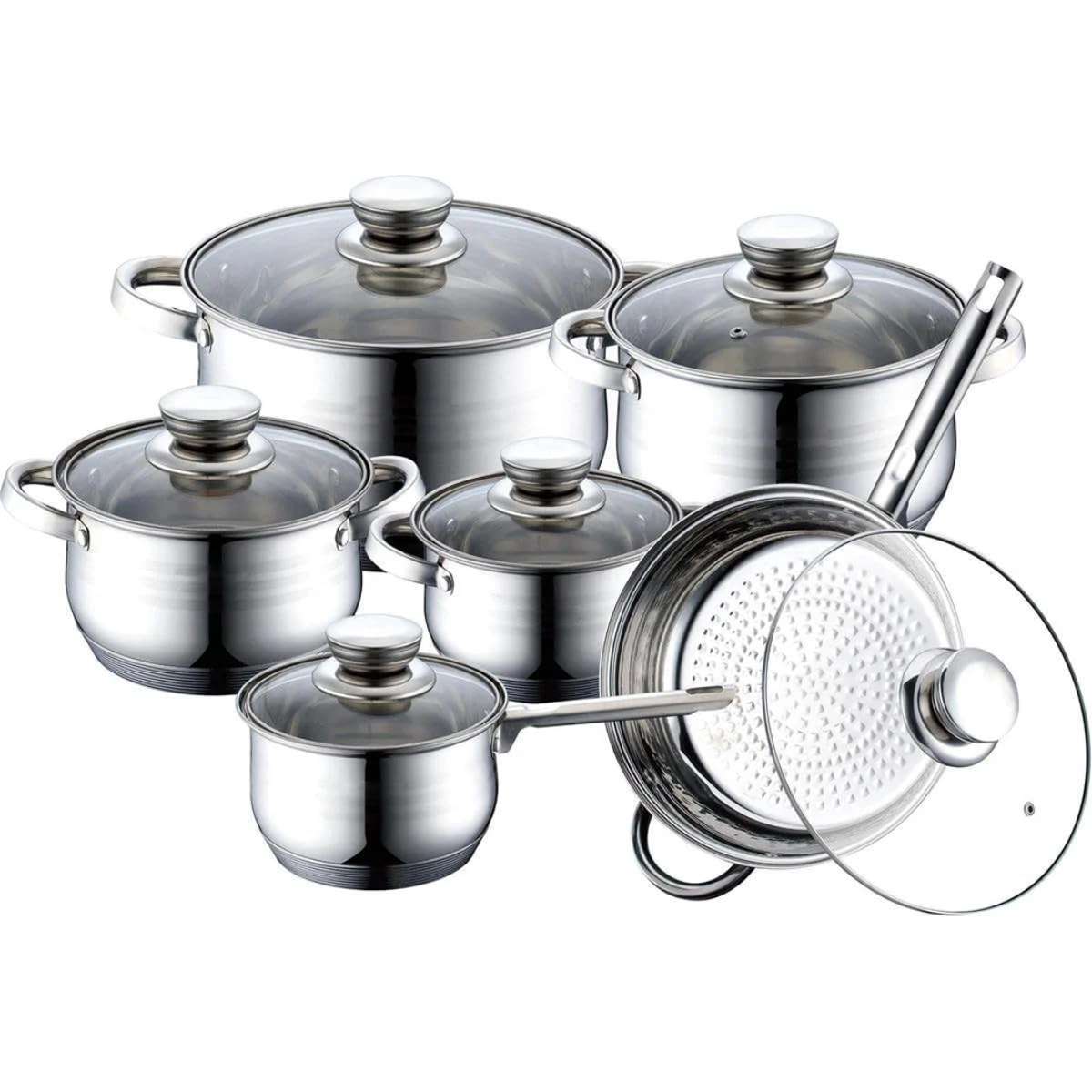 Batería de Cocina Almalux® EL-12ST de 12 Piezas en Acero Inoxidable con Tapas de Vidrio, Apta para eléctrica, gas, vitrocerámica e inducción