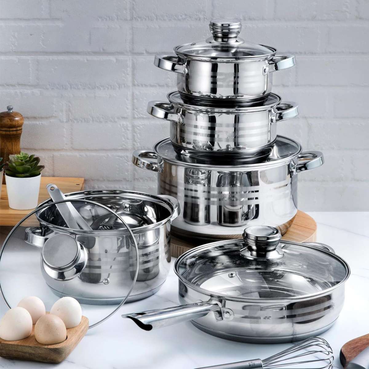 Batería de Cocina Almalux® EL-12ST de 12 Piezas en Acero Inoxidable con Tapas de Vidrio, Apta para eléctrica, gas, vitrocerámica e inducción