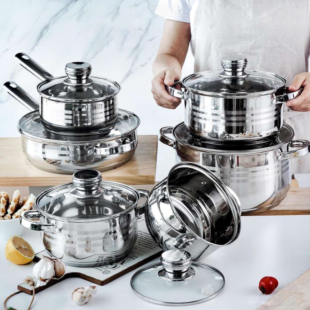 Batería de Cocina Almalux® EL-12ST de 12 Piezas en Acero Inoxidable con Tapas de Vidrio, Apta para eléctrica, gas, vitrocerámica e inducción