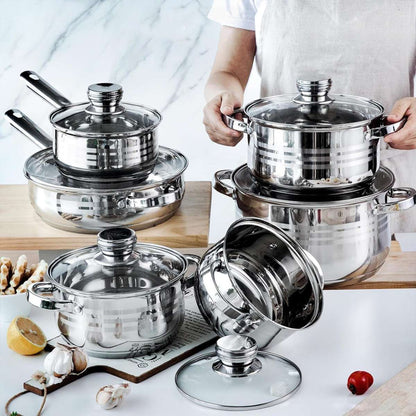 Batería de Cocina Almalux® EL-12ST de 12 Piezas en Acero Inoxidable con Tapas de Vidrio, Apta para eléctrica, gas, vitrocerámica e inducción