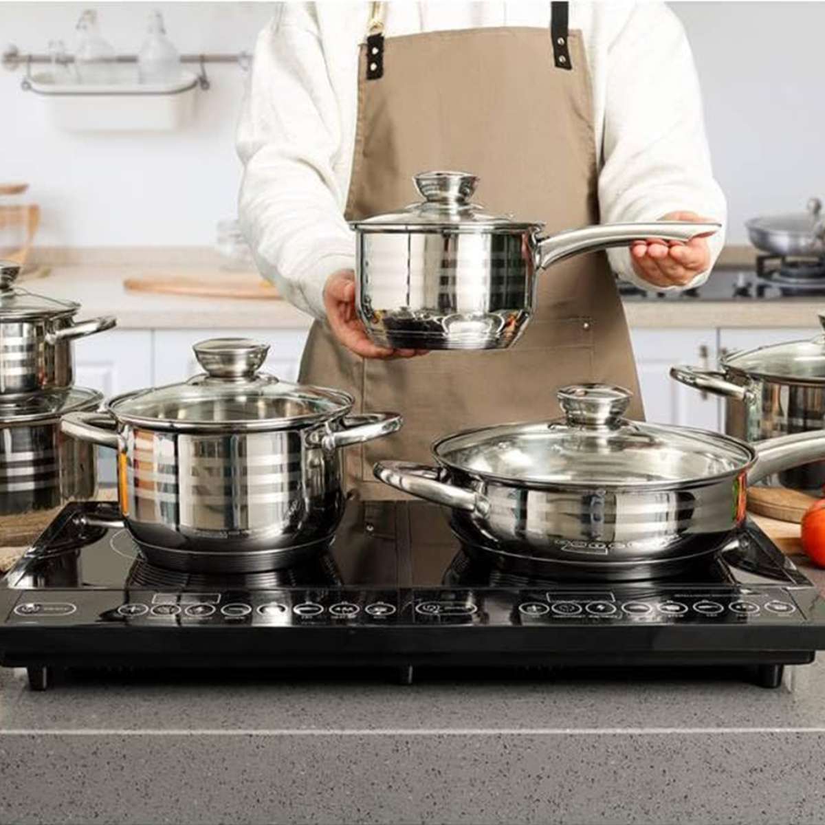 Batería de Cocina Almalux® EL-12ST de 12 Piezas en Acero Inoxidable con Tapas de Vidrio, Apta para eléctrica, gas, vitrocerámica e inducción