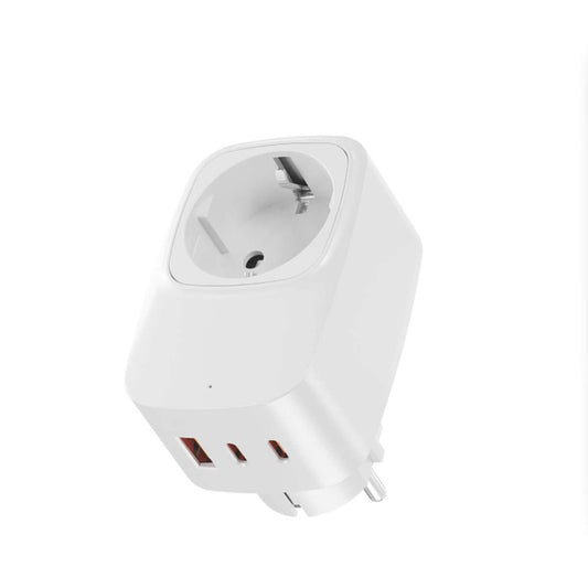 Adaptador Almalux® Enchufe Schuko con 3 USB (1 USB-A + 2 USB-C), 3680W 16A, Protección 1050J, Salida 5V 2.4A Material PC VDE