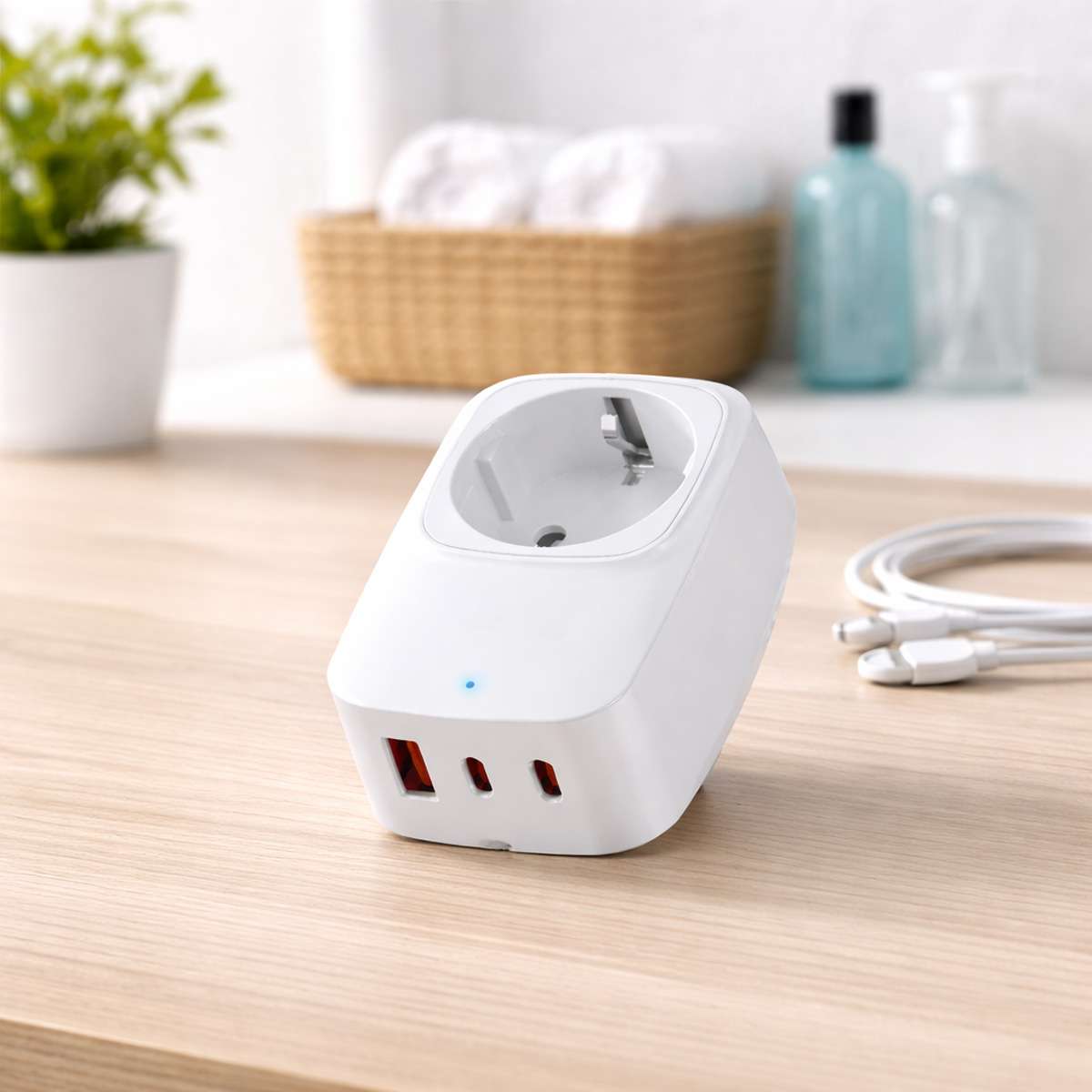 Adaptador Almalux® Enchufe Schuko con 3 USB (1 USB-A + 2 USB-C), 3680W 16A, Protección 1050J, Salida 5V 2.4A Material PC VDE