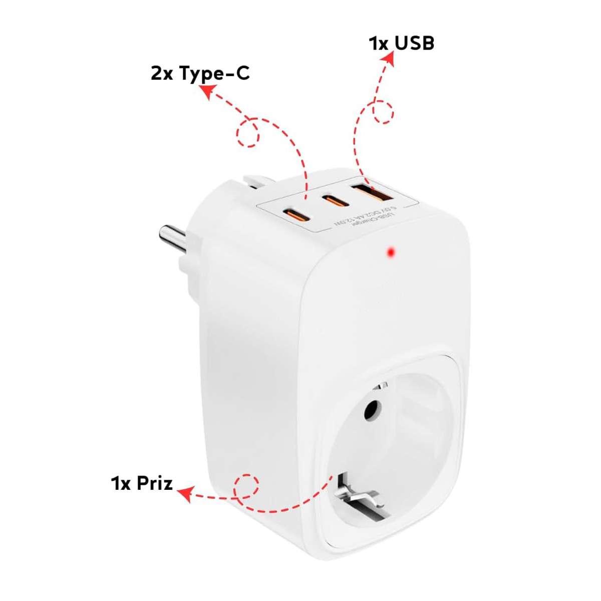 Adaptador Almalux® Enchufe Schuko con 3 USB (1 USB-A + 2 USB-C), 3680W 16A, Protección 1050J, Salida 5V 2.4A Material PC VDE