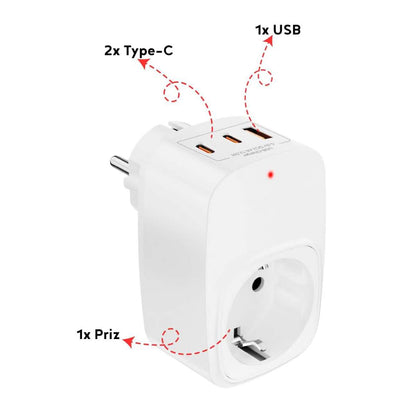 Adaptador Almalux® Enchufe Schuko con 3 USB (1 USB-A + 2 USB-C), 3680W 16A, Protección 1050J, Salida 5V 2.4A Material PC VDE