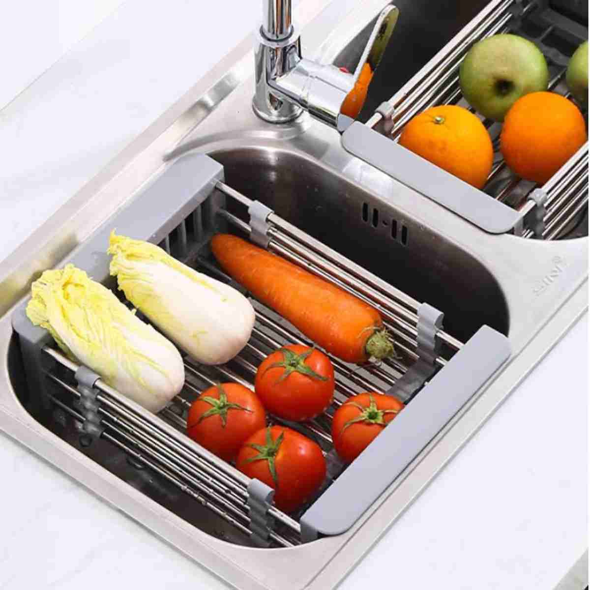 Escurridor de platos Almalux® extensible sobre el fregadero -  colador expandible para frutas y verduras -  cesta para cocina