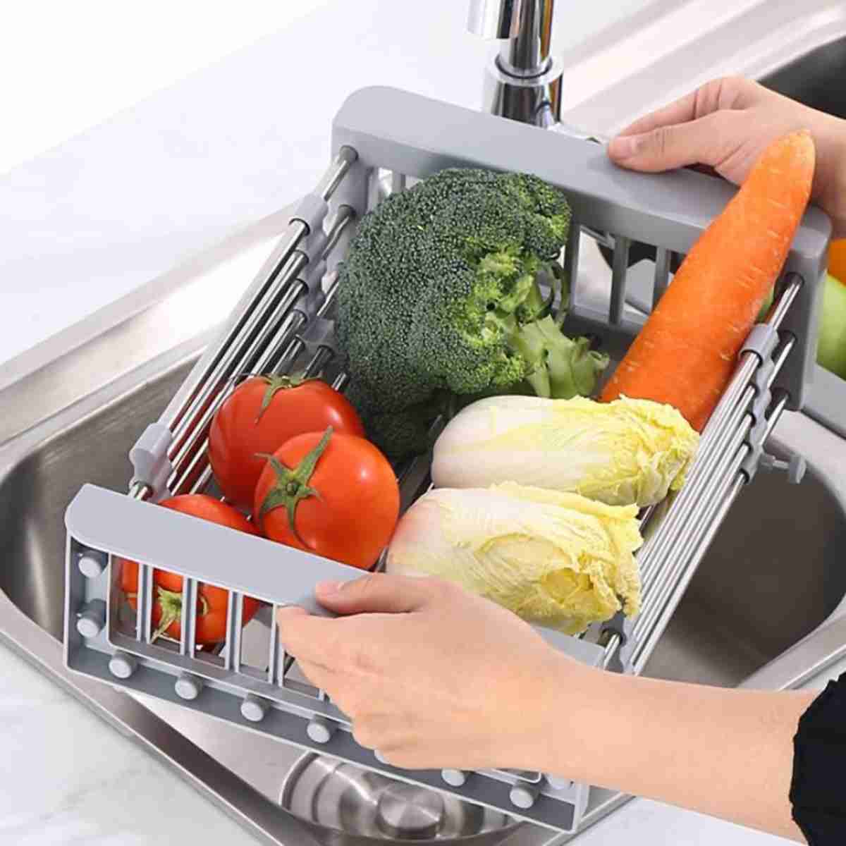 Escurridor de platos Almalux® extensible sobre el fregadero -  colador expandible para frutas y verduras -  cesta para cocina