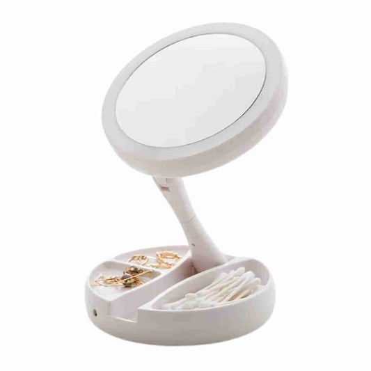Espejo de maquillaje con luz LED Almalux® -  espejo de tocador con rotación de 360° -  plegable -  con Base de almacenamiento con 3 compartimentos