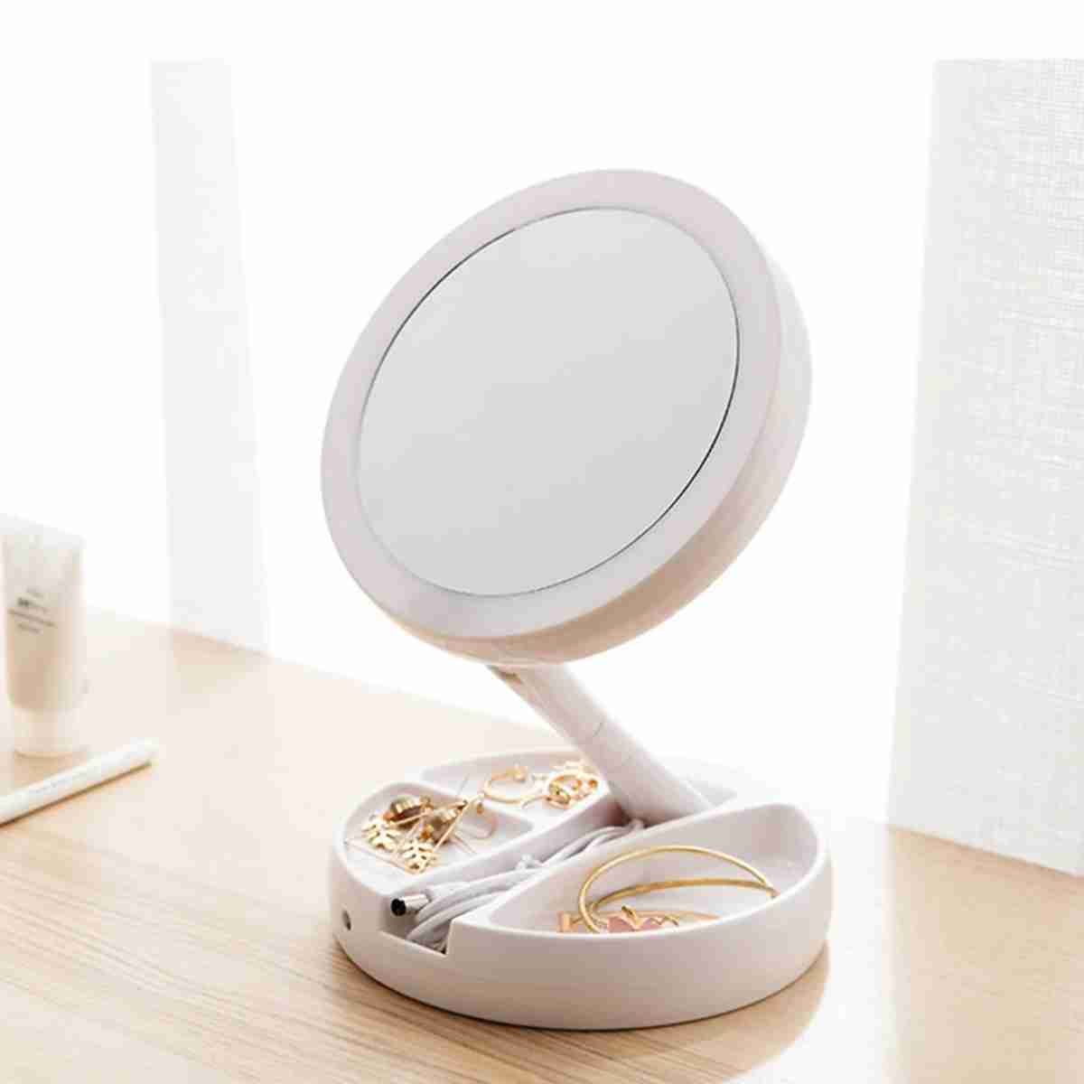 Espejo de maquillaje con luz LED Almalux® -  espejo de tocador con rotación de 360° -  plegable -  con Base de almacenamiento con 3 compartimentos