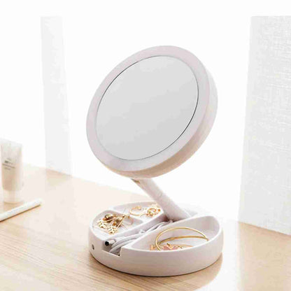 Espejo de maquillaje con luz LED Almalux® -  espejo de tocador con rotación de 360° -  plegable -  con Base de almacenamiento con 3 compartimentos