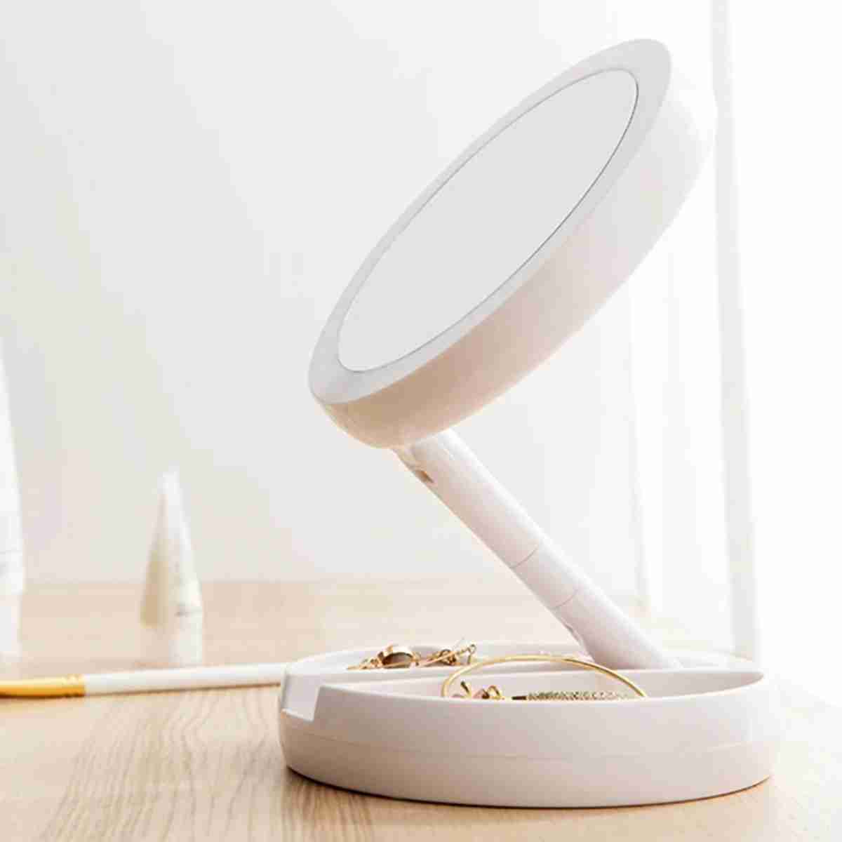 Espejo de maquillaje con luz LED Almalux® -  espejo de tocador con rotación de 360° -  plegable -  con Base de almacenamiento con 3 compartimentos