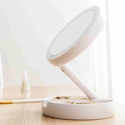 Espejo de maquillaje con luz LED Almalux® -  espejo de tocador con rotación de 360° -  plegable -  con Base de almacenamiento con 3 compartimentos