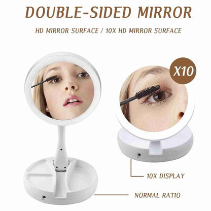 Espejo de maquillaje con luz LED Almalux® -  espejo de tocador con rotación de 360° -  plegable -  con Base de almacenamiento con 3 compartimentos