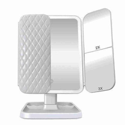 Espejo de Maquillaje Almalux® con Aumento 1X/2X/3X -  LED Recargable con 3 Configuraciones de Luz -  Triple Pliegue y Pantalla Táctil con Batería y Cable USB Incluido