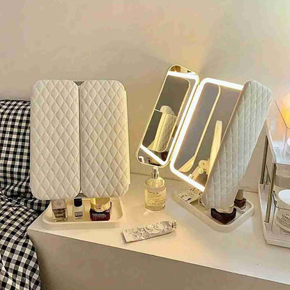 Espejo de Maquillaje Almalux® con Aumento 1X/2X/3X -  LED Recargable con 3 Configuraciones de Luz -  Triple Pliegue y Pantalla Táctil con Batería y Cable USB Incluido