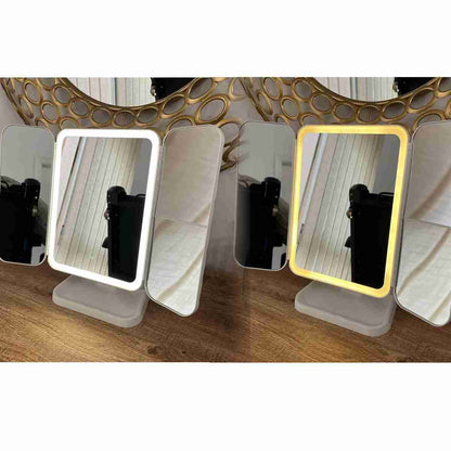 Espejo de Maquillaje Almalux® con Aumento 1X/2X/3X -  LED Recargable con 3 Configuraciones de Luz -  Triple Pliegue y Pantalla Táctil con Batería y Cable USB Incluido
